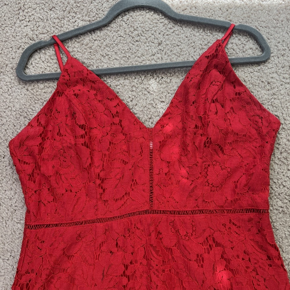 ASTR Red Lace A Line Midi Dress Sleeveless Fit & Flare Large Open Knit Romantic - Picture 2 of 11